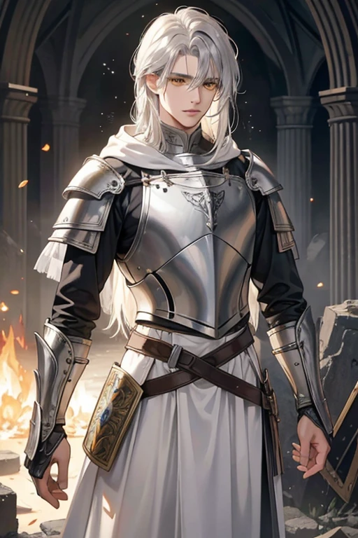 male, messy silver medium length hair with bangs, yellow eyes, adult face, adult, white hood and shroud, breast plate armor, handsome, medieval fantasy, ruins, sorcerer, looking at viewer