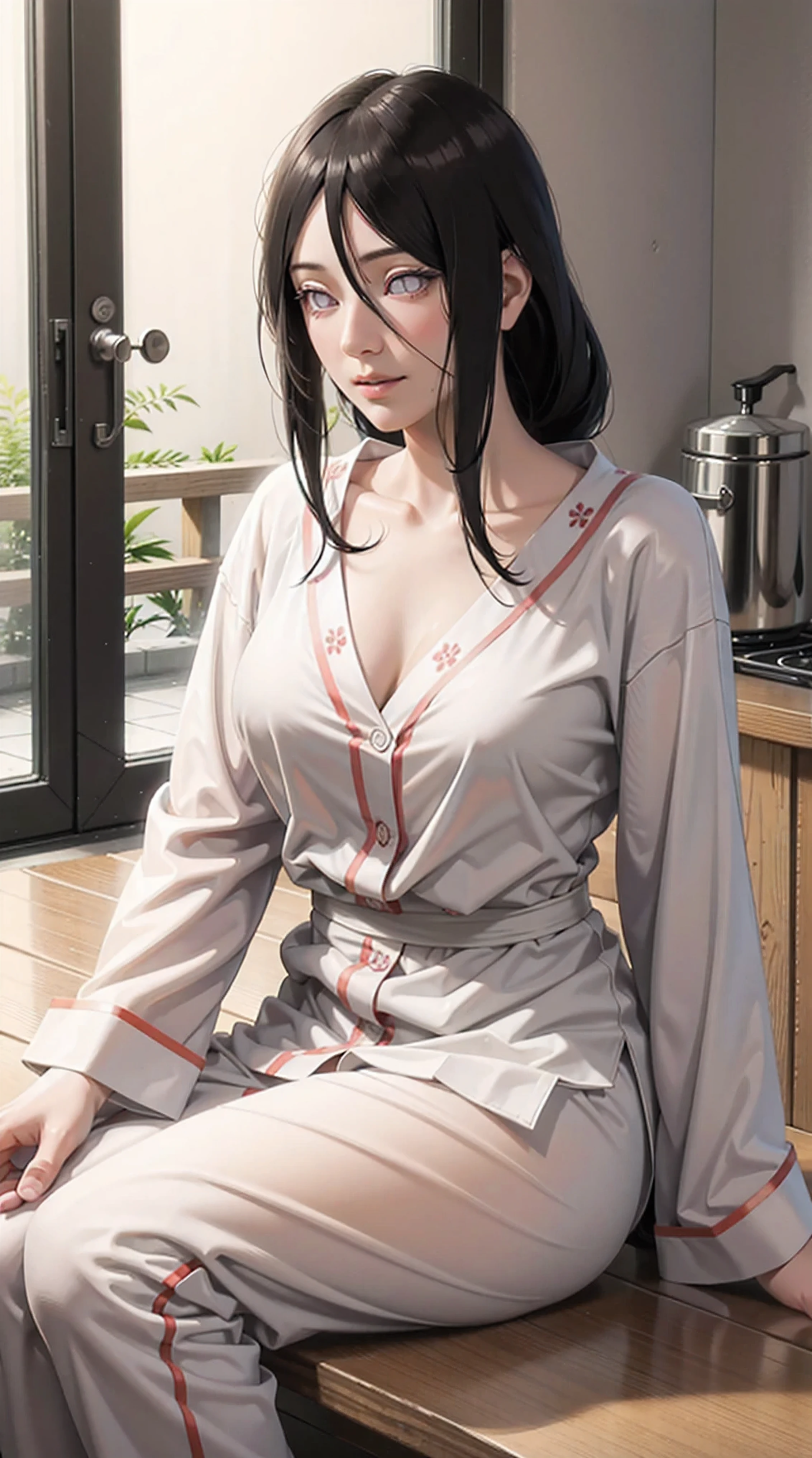 hyuuga hanabi, long hair tied low, hair band, hana purple eyes, beautiful, beautiful woman, perfect body, perfect breasts, wearing white pajamas, pajamas, sleepwear, sitting in the kitchen, clear kitchen, looking at the audience, a slight smile, realism, masterpiece , textured leather, super detail, high detail, high quality, best quality, 1080p, 16k