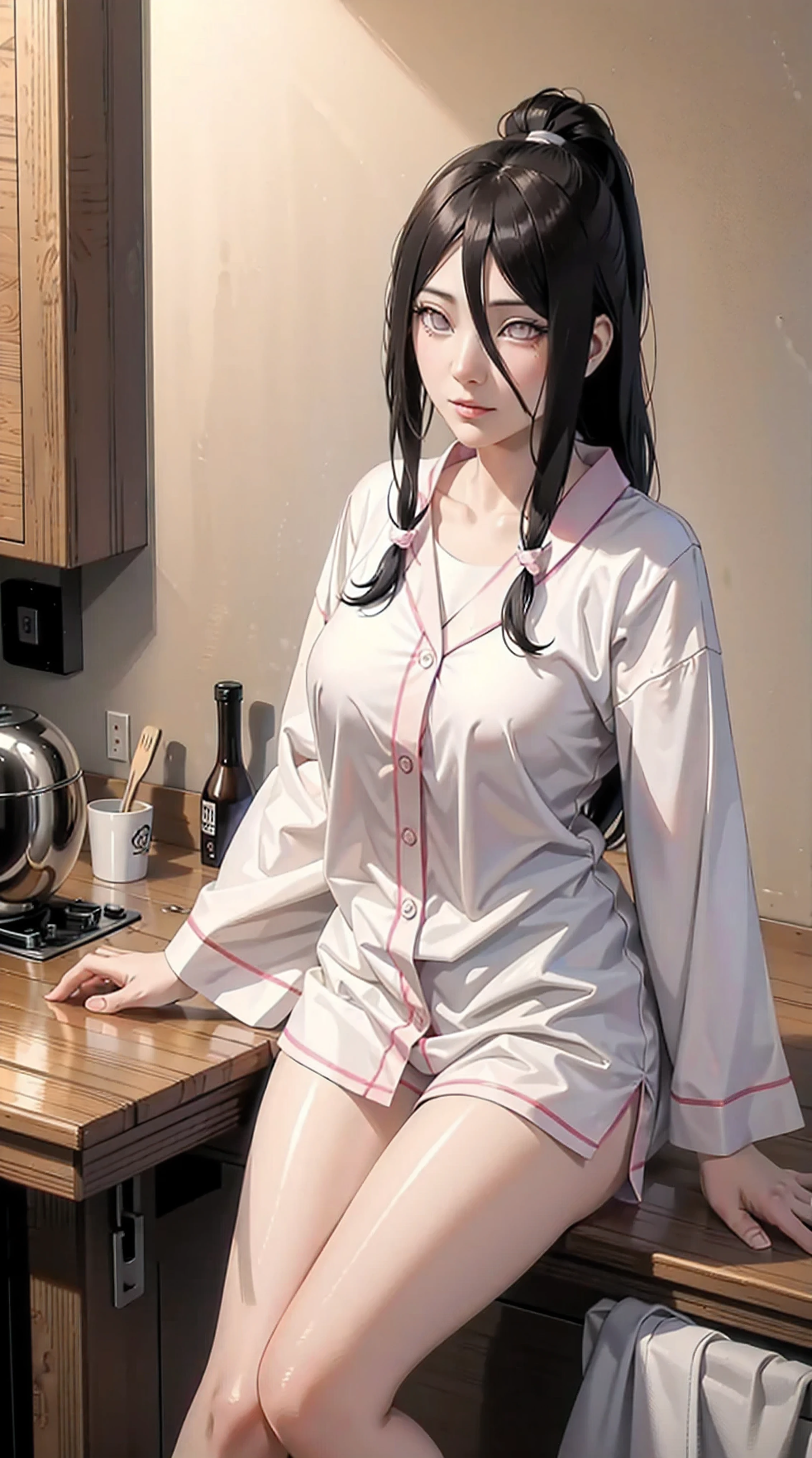 hyuuga hanabi, long hair tied low, hair band, hana purple eyes, beautiful, beautiful woman, perfect body, perfect breasts, wearing white pajamas, pajamas, sleepwear, sitting in the kitchen, clear kitchen, looking at the audience, a slight smile, realism, masterpiece , textured leather, super detail, high detail, high quality, best quality, 1080p, 16k