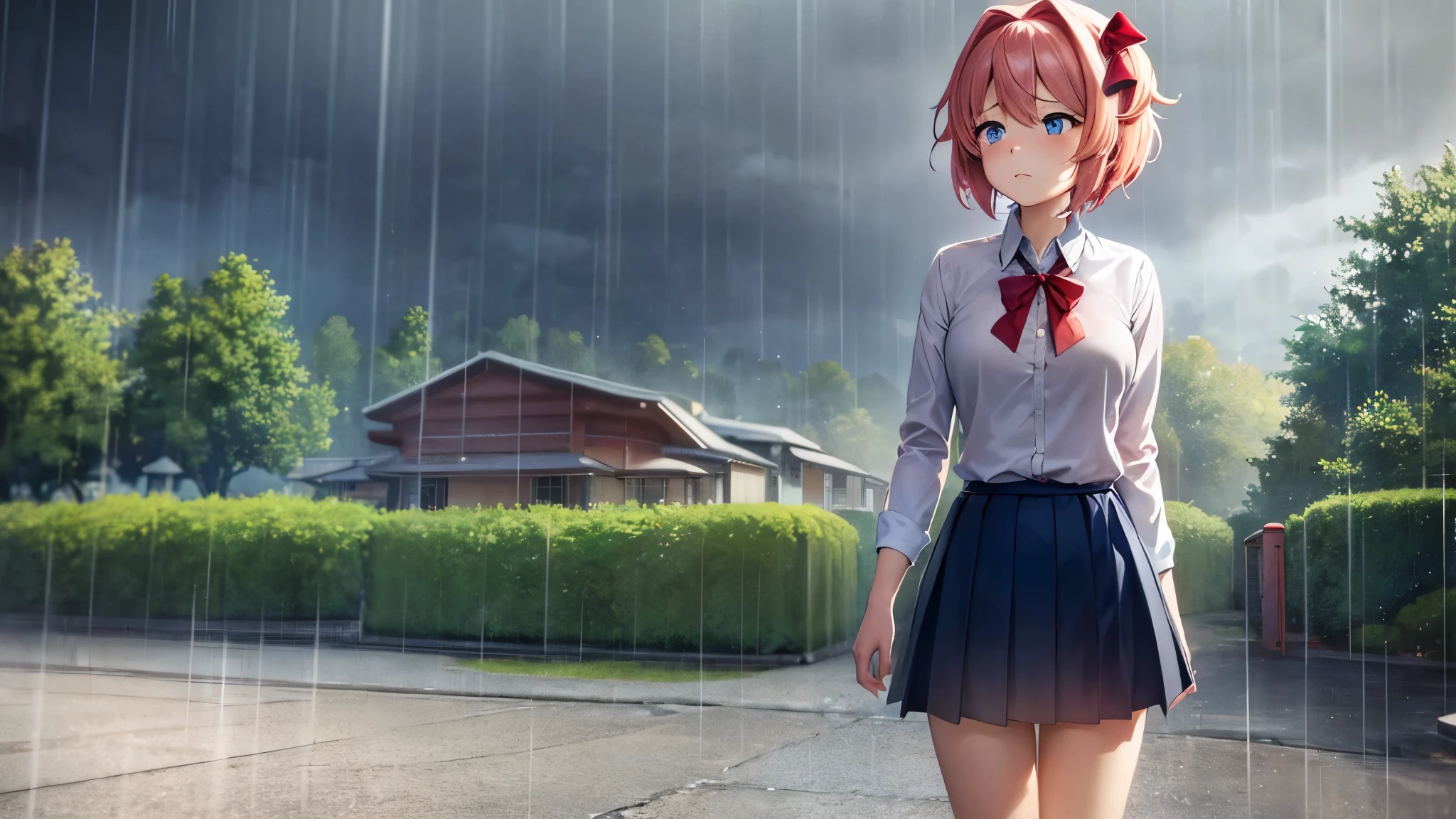 (masterpiece, best quality), CG art, cinematic shot, depressive atmosphere, rain, 1girl, adult girl, sayori, blue eyes, pink hair, hair bow, red bow, pink short blouse, dark blue skirt, upset face, japan street