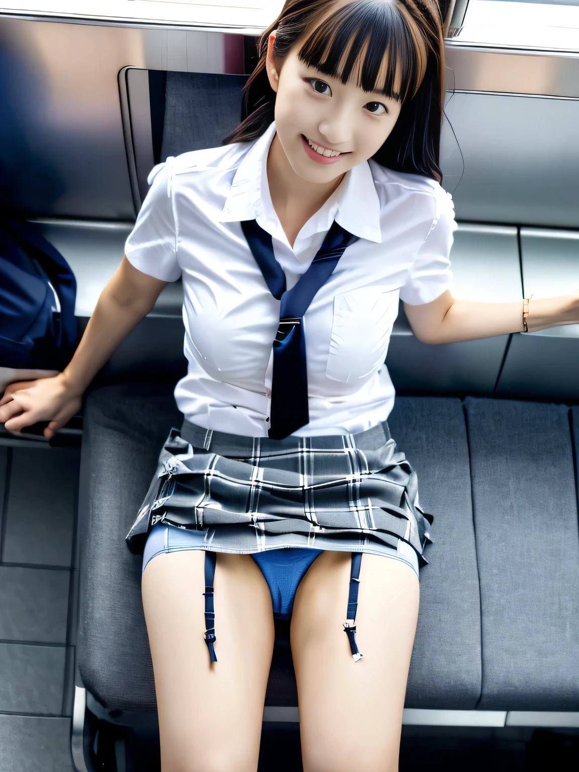Browsing Caution, Like the picture, , bangs, Tabletop, 8k, highest quality, 超A high resolution,Absurd, (Like the picture:1.4)(((Tabletop))), (((highest quality))), ((Very detailed)), (1 girl), (alone), ,(loose socks) The most beautiful in the world、(PurerosFace_v1:0.4), (European preteen:1.7), (Japan Preteen:0.6), (10 , pretty girl:1.3), (On top of that:1.1)High nose, the body is slim, Slender girl, (Detailed mid-bust), Thin thighs, Thin legs,Long legs, Small hips,school bag,((school uniform)),, ((Navy Mini Skirt)), Detailed clothing, Are standing, Butt details, Detailed hips, Foot details,
((from the front, From above, Focus Front, Focus Panties, Focus Leg)),(From above:1.8)
(Wearing a white shirt, Plaid blue skirt),
in the train,((sit in a train seat, Please raise your knees,))
Gal,White underwear is visible,
highest quality, Realistic, 超A high resolution, Like the picture,
japanese slim,
smile,
Flat chest,
line,