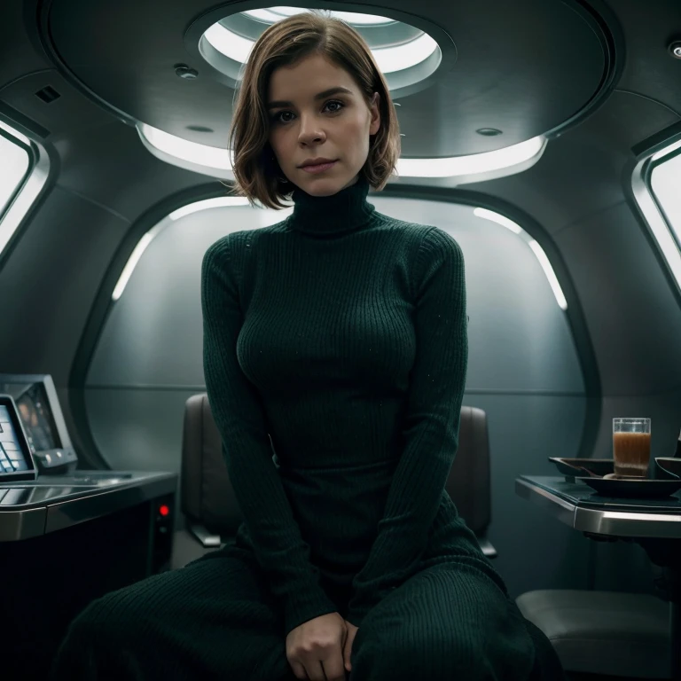 (Kate Mara: 1.0), she is in a darkgreen cable knit turtleneck long dress with modern corset, realistic warm lighting, dreamy and ethereal, gentle, (Seductive Smile: 0.8), pixie hair, short hair, Warm, in a 2000's spaceship, siting in a starships captain chair, face towards the camera, full body, single person, hard nipples