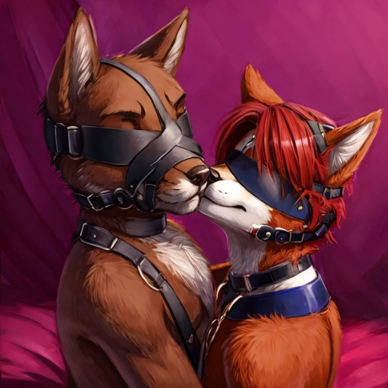 2 furries sitting on each other , wearing a muzzle gag and a blindfold, 1 boy is brown and 1 girl is brown,