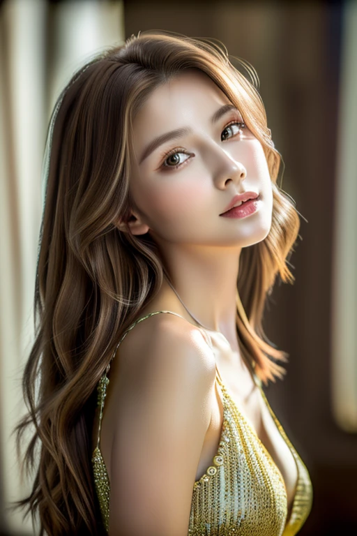 ((highest quality)), ((masterpiece)), (detailed), Leaning forward、Perfect Face、Perfect body、Light brown hair、Beautiful Skin、A beautiful half Korean and half Russian girl、(masterpiece:1.3), (8k, Photorealistic, Raw photo, Best image quality: 1.4), (Rough long hairstyle:1.2)、Cleavage:1.2
