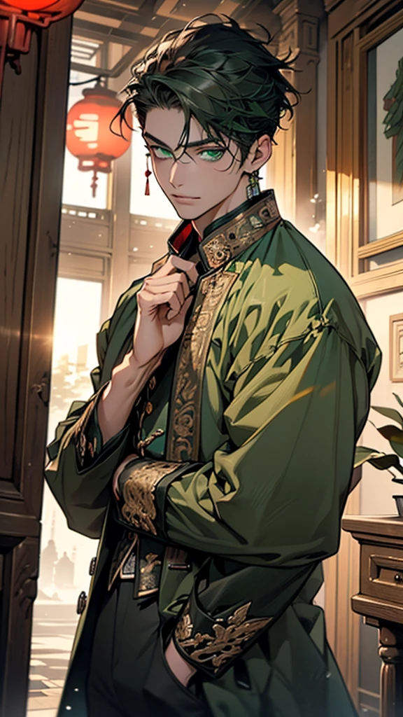 (asian male),(male:1.5), muscle, 1boy, big muscle, pectoral, big pectoral,  muscular, Mature man,45 year old man,adult,1 man, old macho man,perfect body,an extremely delicate and beautiful detailed face, (((green_eyes:1.3))),intricate eyes,beautiful detailed eyes,symmetrical eyes,short hair, green eyes, brown hair,perfect face, brown hair, nice hair style,(perfect hands, five fingers), perfect proportions, ((detailed face)), (((Asian:1.5)))

smile,expressive eyes,   

(ultra-detailed:1.3), beautiful detailed glow,  finely detailed, ultra-detailed, 

 arabian,elegant,

(open coat, asian fashion,asian coat, jeans,white shirt,  masculine features, modern style,asian clothes),(((dark green coat, dark green coat outfit, wearing a dark green coat:1.3,asian dark green coat))),(asian jewelry,intricate necklace),((bulge in pants)),(((intricate outfit,intricate clothes,ornate outfit))),

(dynamic pose:1.0),embarrassed,(centered,scale to fit dimensions,Rule of thirds),

inside,indoor,((room in a palace in Arabia)),scenery:1.25,((intricate scenery)),((winter decorations)),Christmas tree,

(Glossy winter ornaments),highres,sharp focus,(ultra detailed,extremely detailed),(photorealistic artwork:1.37),(extremely detailed CG unity 8k wallpaper),(((vibrant colors,vibrant theme))),(intricate),(masterpiece),(best quality),
