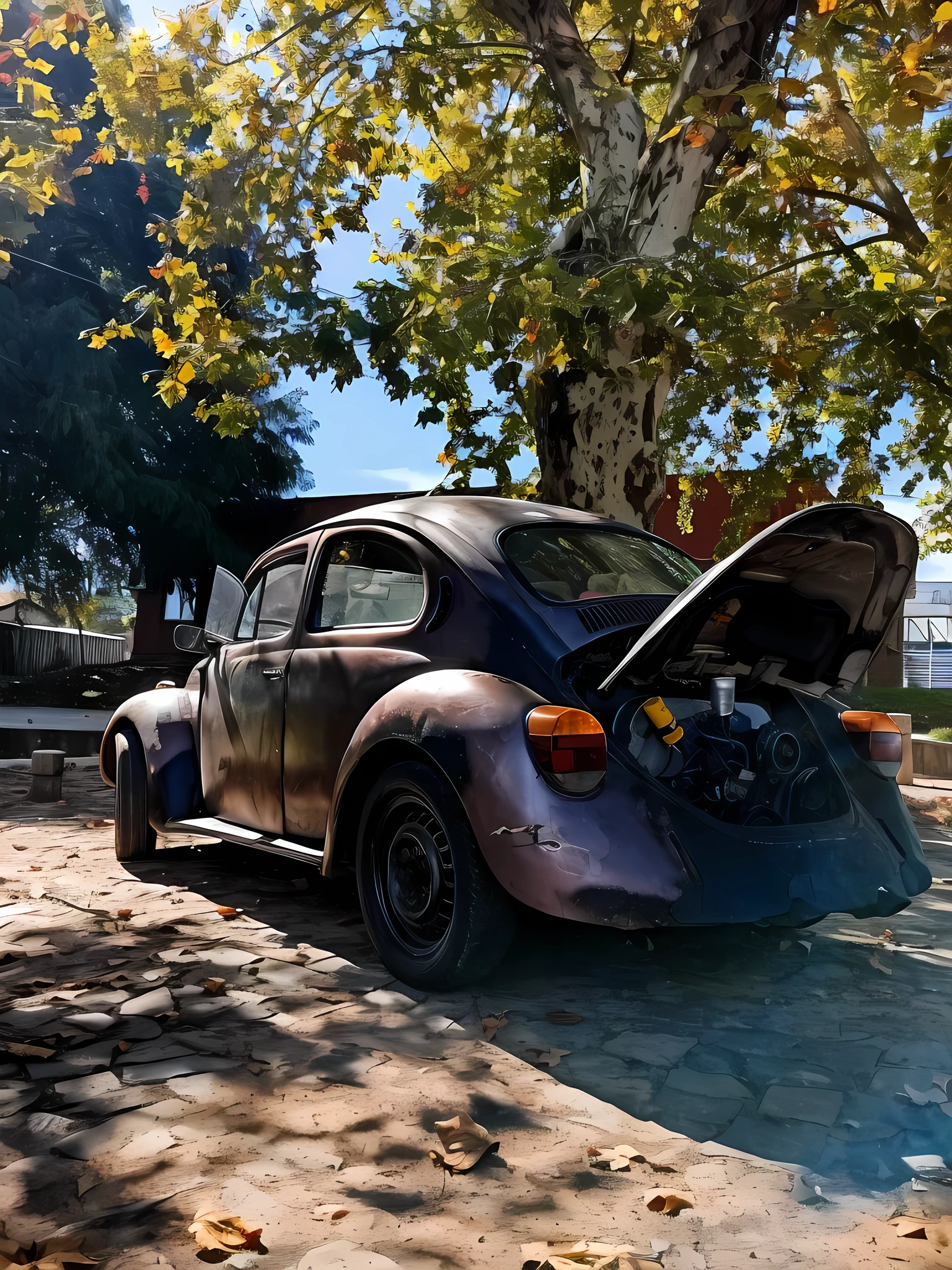 there is a Carro viejo with its hood open sitting on the ground, escarabajo, Carro viejo, Una Photography de un oxidado, escarabajo-inspired, oxidarse, calesa, vista completa de un auto, tiro trasero, auto antiguo, revelation, Photography, a little rust, Coches oxidados!!, rusty vehicles, oxidado, classic car, coche steampunk, lado frontal lleno
