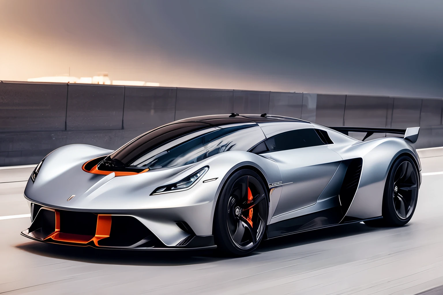 one car, concept car, concept design, super race car, in satin grey and copper colors, thin black wheels, a three-quarter view, best quality, realistic, modern city background