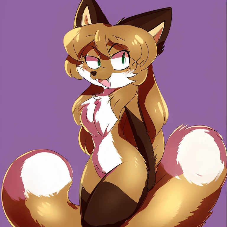 Nervous smiling, uploaded the e621, beautiful and detailed, woman (((female))) ((anthro)) Fox, (Averi, Fox girl), cinematic lighting, Fox, (anthro, fluffy fur, character focus:1.1), 1girl, anthro fox girl, body fur, curvy, sexy, nice, cute, hot, comfortable anime-style cartoon-style, digital drawing, (half-closed eyes), green eyes, fangs, simple background, raised tail, long tail, looking at viewer, SFW