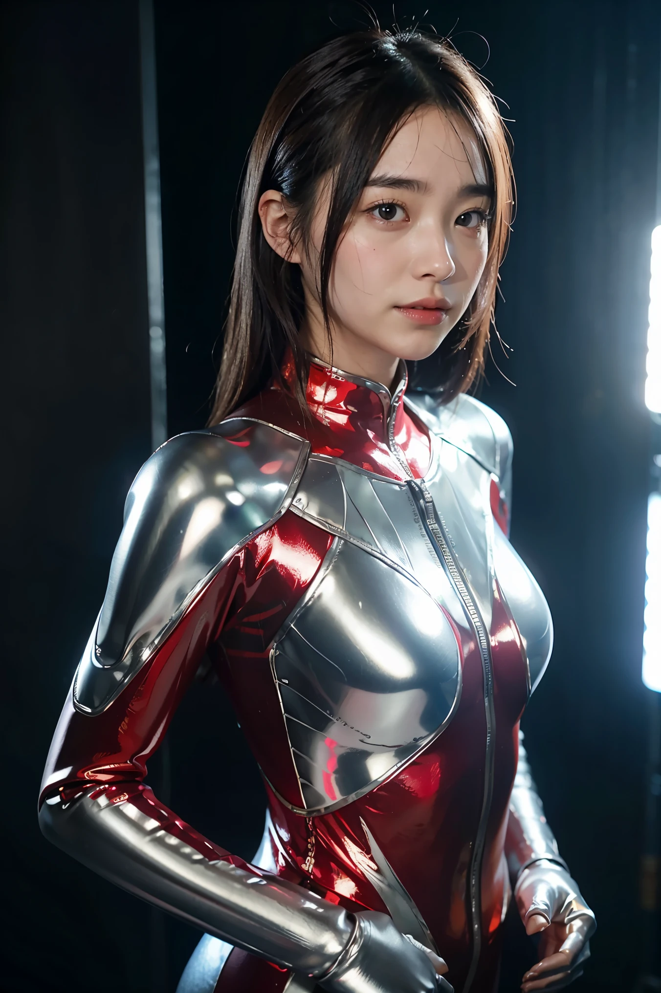 Ultraman、realistic、realistic、cinematic lighting, Girl in a shiny red and silver suit、、professional photos、Don'Do not expose your skin, japanese model, japanese cgi、Ultraman Suit、, Power Rangers Suit、tight and thin cyber suit,Whole body rubbery、There's pink There、 delicate body, big breasts、small ass、thin thighs、thin arms、thin waist、camel toe、Both sides of the cyber suit stick to the skin、Big eyes、black short hair、facing the front、facing the front立っている、A glowing sphere is embedded in the chest.、Essay Examination、 blue sky background