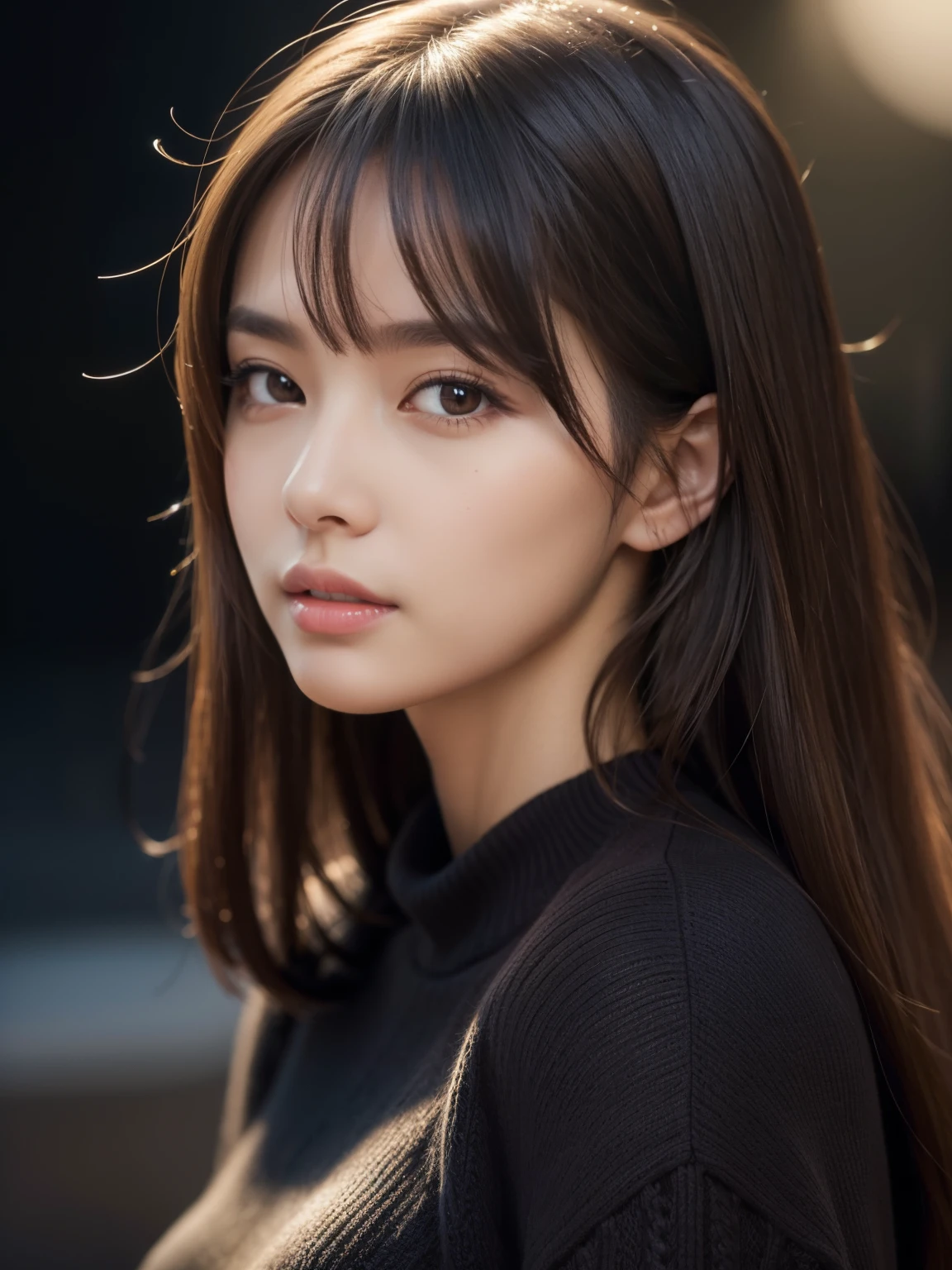 masterpiece, best quality, ultra-detailed, (17 years old), intricately detailed hyperdetailed, realistic, sharp features, highly detailed, sharp focus, perfect face, perfect face, perfect eyes, perfect lips, flexible female form, cinematic light, hyper detailed, hyper realistic, high resolution, vibrant, (Dark background), (goddess-like happiness), (cheerful), straight Bangs, brown Eyes,black sweater, cowboy shot,