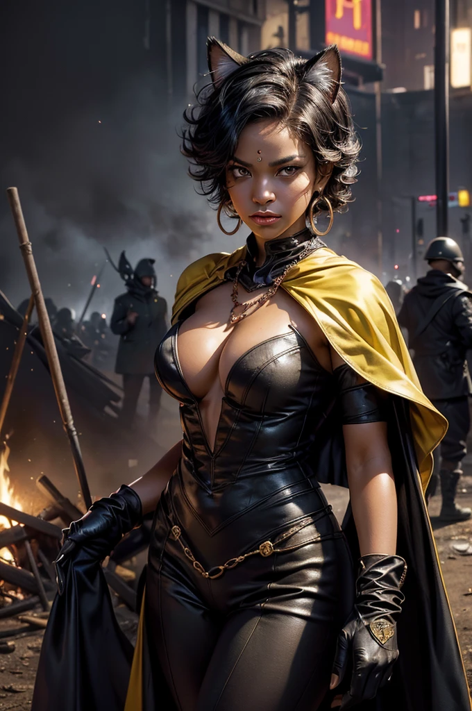 (masterpiece,stunning girlfriend, (standing:1.1), dynamic pose, heart shaped face, elegant face, beautiful face, highly detailed face, highres, masterpiece,best quality,original,extremely detailed CG,extremely detailed wallpaper,perfect lighting,looking at viewer,bare hands,1girl, SiennaKhan,short hair,black hair,animal ears,yellow eyes,cat ears,dark skin,dark-skinned female,gloves,jewelry,earrings,cape,facial mark,cleavage cutout,hoop earrings, standing, outside, dystopian future, post apocalyptic city, crowd, (crowd in military uniforms), bonfires, closed mouth, serious look, serious expression, looking at viewer,