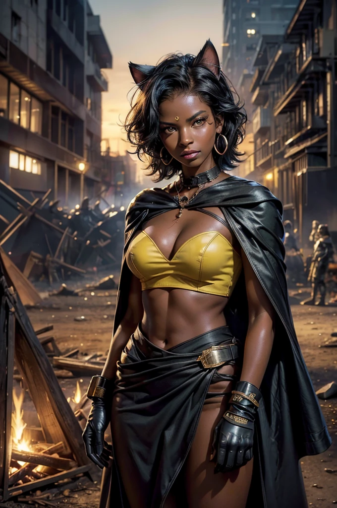 (masterpiece,stunning girlfriend, (standing:1.1), dynamic pose, heart shaped face, elegant face, beautiful face, highly detailed face, highres, masterpiece,best quality,original,extremely detailed CG,extremely detailed wallpaper,perfect lighting,looking at viewer,bare hands,1girl, SiennaKhan,short hair,black hair,animal ears,yellow eyes,cat ears,dark skin,dark-skinned female,gloves,jewelry,earrings,cape,facial mark,cleavage cutout,hoop earrings, standing, outside, dystopian future, post apocalyptic city, crowd, (crowd in military uniforms), bonfires, closed mouth, serious look, serious expression, looking at viewer,