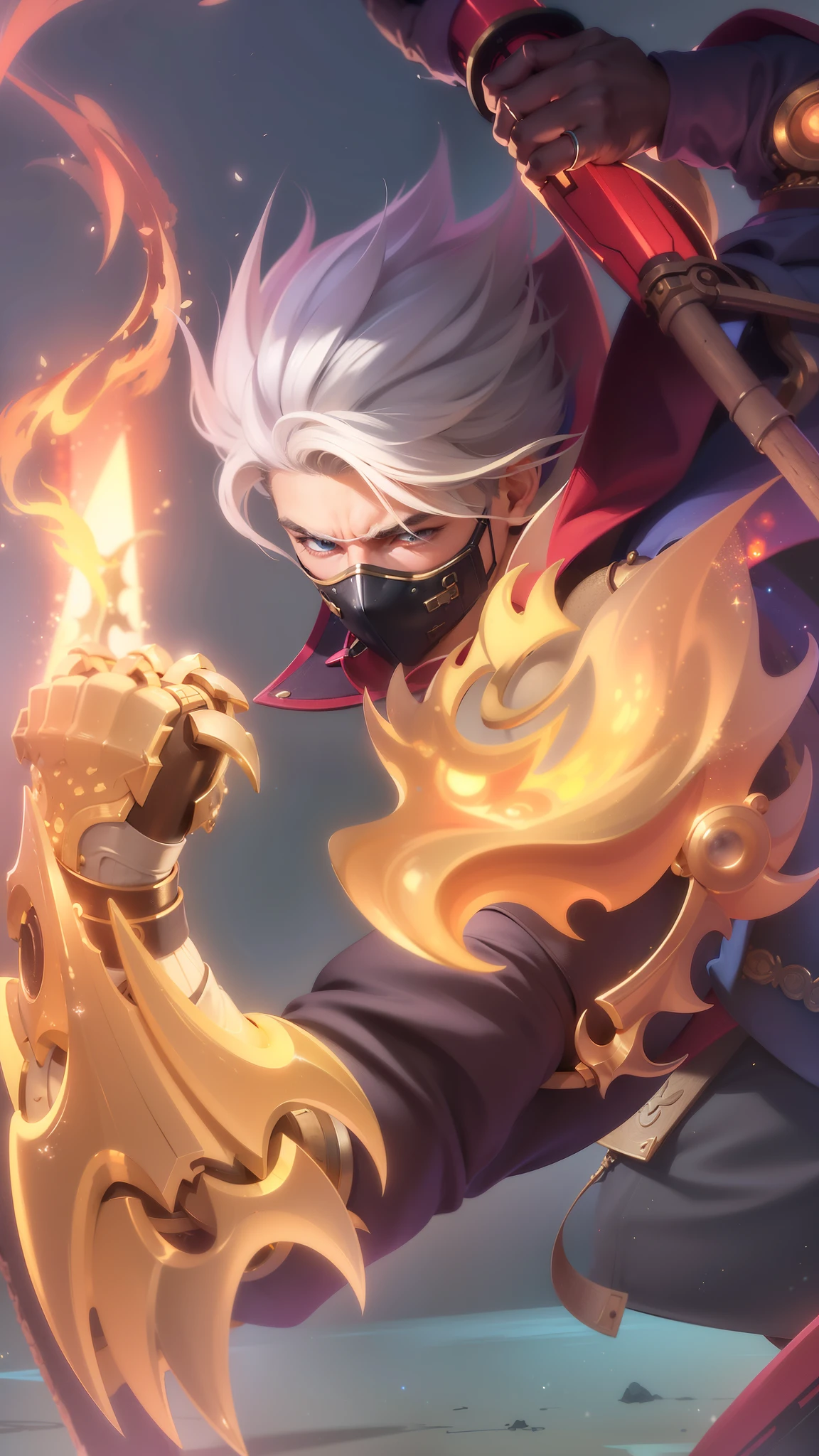 a close up of a boy with a steampunk mask on, velvet background, realistic suit, ezreal (league of legends, realism art, mobile legends, riot game, style league of legends, inspired by Li Shida, fighting game character, tracer, league of legends character, gold paladin, wukong, wild rift, purple and blue color, glow particle, white hair color, realistic suit masterpiece, sword, realistic sword, realism masterpiece, natural lighting, strong realistic texture, strong red eye glow, lots hair
