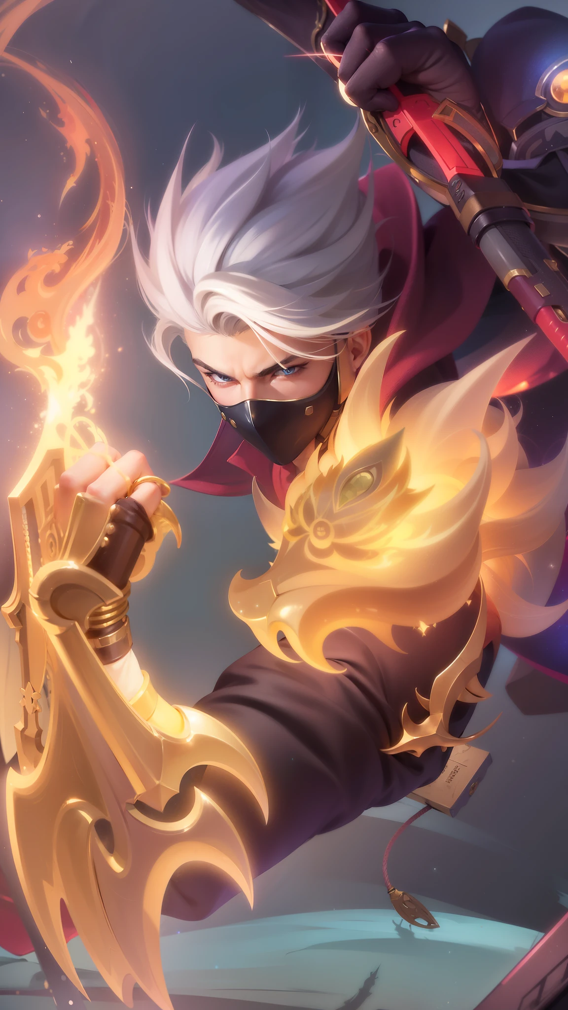 a close up of a boy with a steampunk mask on, velvet background, realistic suit, ezreal (league of legends, realism art, mobile legends, riot game, style league of legends, inspired by Li Shida, fighting game character, tracer, league of legends character, gold paladin, wukong, wild rift, purple and blue color, glow particle, white hair color, realistic suit masterpiece, sword, realistic sword, realism masterpiece, natural lighting, strong realistic texture, strong red eye glow, lots hair