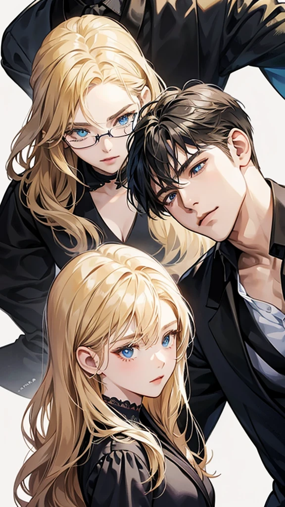 With anime style illustrations、A young man and woman couple appears。The man has blue eyes、Wearing a black suit jacket。The woman is blonde and wears glasses.、She&#39;s wearing soft pink clothes。The two of them pose intimately、The background has vibrant blue and pink tones that evoke a romantic atmosphere.。A woman grabs a man&#39;s jacket、It emphasizes the intimacy between the two。They&#39;re both in the same position、sit side by side。