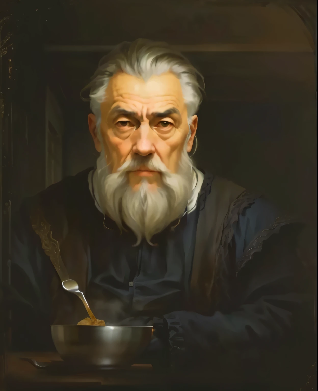 a portrait of very old tintoretto sitting at a table [eating a large bowl of cereal] with droopy eyes. the portrait is modern and brightly lit. he has a large bowl of cereal