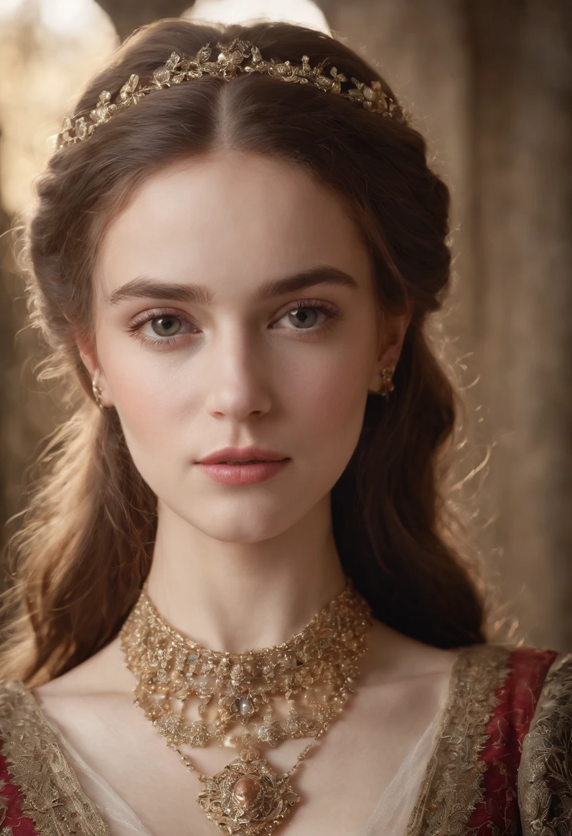 European and American court style,A girl covered in jewelry,Wear medieval vintage fashion,The background is dark,Presented as a bust,The picture ratio is HD 9:16。