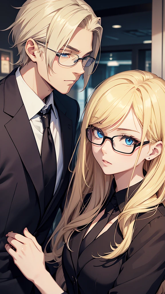 With anime style illustrations、A young man and woman couple appears。The man has blue eyes、Wearing a black suit jacket。The woman is blonde and wears glasses.、She's wearing soft pink clothes。The two of them pose intimately、The background has vibrant blue and pink tones that evoke a romantic atmosphere.。A woman grabs a man's jacket、It emphasizes the intimacy between the two。They're both in the same position、sit side by side。