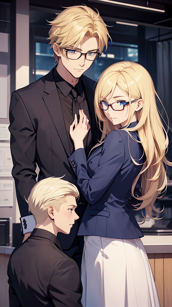 With anime style illustrations、A young man and woman couple appears。The man has blue eyes、Wearing a black suit jacket。The woman is blonde and wears glasses.、She's wearing soft pink clothes。The two of them pose intimately、The background has vibrant blue and pink tones that evoke a romantic atmosphere.。A woman grabs a man's jacket、It emphasizes the intimacy between the two。They're both in the same position、sit side by side。