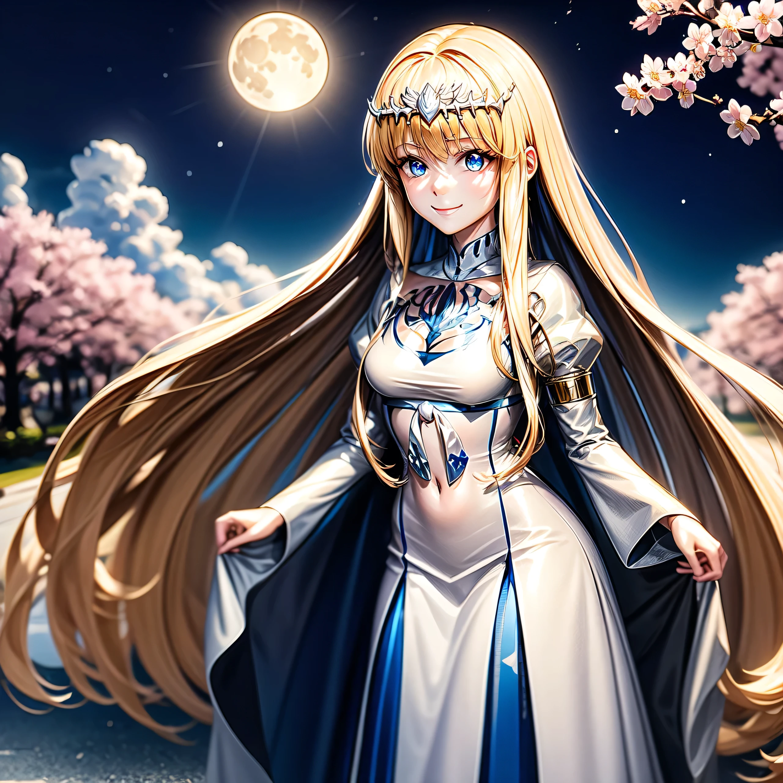 anime,1girl , , cherry blossom and moon, , little smile, , solo, Calca, Calca Bessarez, blonde hair, extremely long hair, very long hair, white tiara, white dress, blue eyes, medium chest