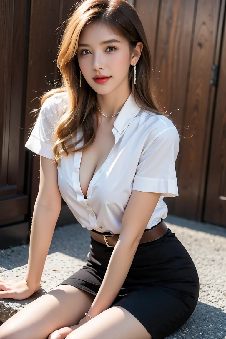 (8K High Definition Masterpiece Only the best quality. complicated details Chromatic aberration) realistically ((Moderate breath)) Hair in one eye, purple eyes, round hoop earrings, sharp eyes, diamond choker ( symmetrical eyes) (perfectly symmetrical body;) The photos of the 21-year-old age girl are very beautiful.(Fittings) Beautiful and charming with contemporary fashion paintings as well.....Looking at the viewer, photographed from above from above the knees. ((In the background of a large classroom)), (black short skirt) , ((The young woman wore a white short-sleeved shirt with a wide open neck and a deep cleavage, exposing her chest. Unbuttoning the shirt, the shirt opened, revealing her separate breasts.)) ( ( Black short pencil skirt Deep cut on the side,Sitting with legs open)) Square head leather belt ((Put your hands down.)) Blonde bob, long hair, bangs to the side. copper blonde hair Sharp eyeliner, eye shadow, smile, blush, thick eyelashes, very delicate and beautiful. Round chin, sharp focus. Sit with V-shaped legs wide open, one leg higher than the other, spread apart... dynamic poses,The breast is soft.,small breasts