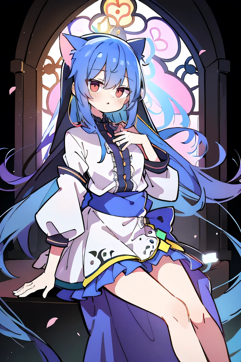 (masterpiece:1.2),Extremely detailed,Practical,expressive eyes,Fair skin,Perfect face shaping,1 Girl,
Japanese cartoons,Gorgeous blue hair, the long flowing blue hair,Floating clothes,Cat ears,Petals fall,beautiful lola,Young Angel,
Place your hands on your waist,sit elegantly on the ground,Cross your legs,Gentle and peaceful background,church,nun,little nose.