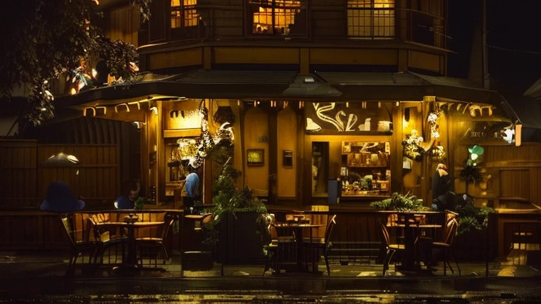 Night view of a restaurant with illuminated awnings and tables, A cozy dimly lit pub, A cozy dimly lit pub, Izakaya Nightlife, Cozy cafe background, Dim Tavern, Rainy night, Random background scenes, Rain outside the café, restaurant exterior photography, In the evening rain, A multifaceted cozy izakaya