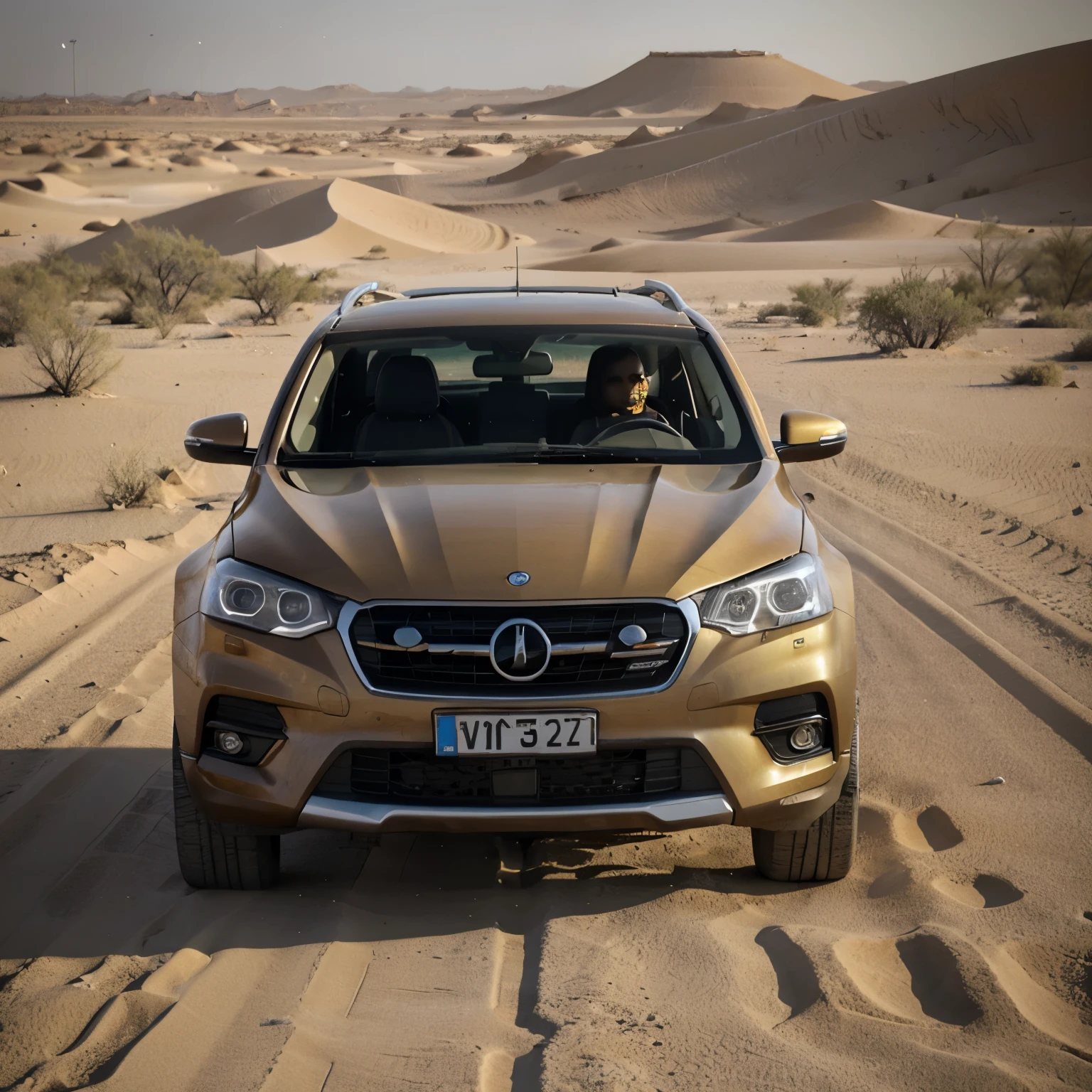 Crie Um carro de lado No deserto Bastante detalhado Com Um Sol Bonito