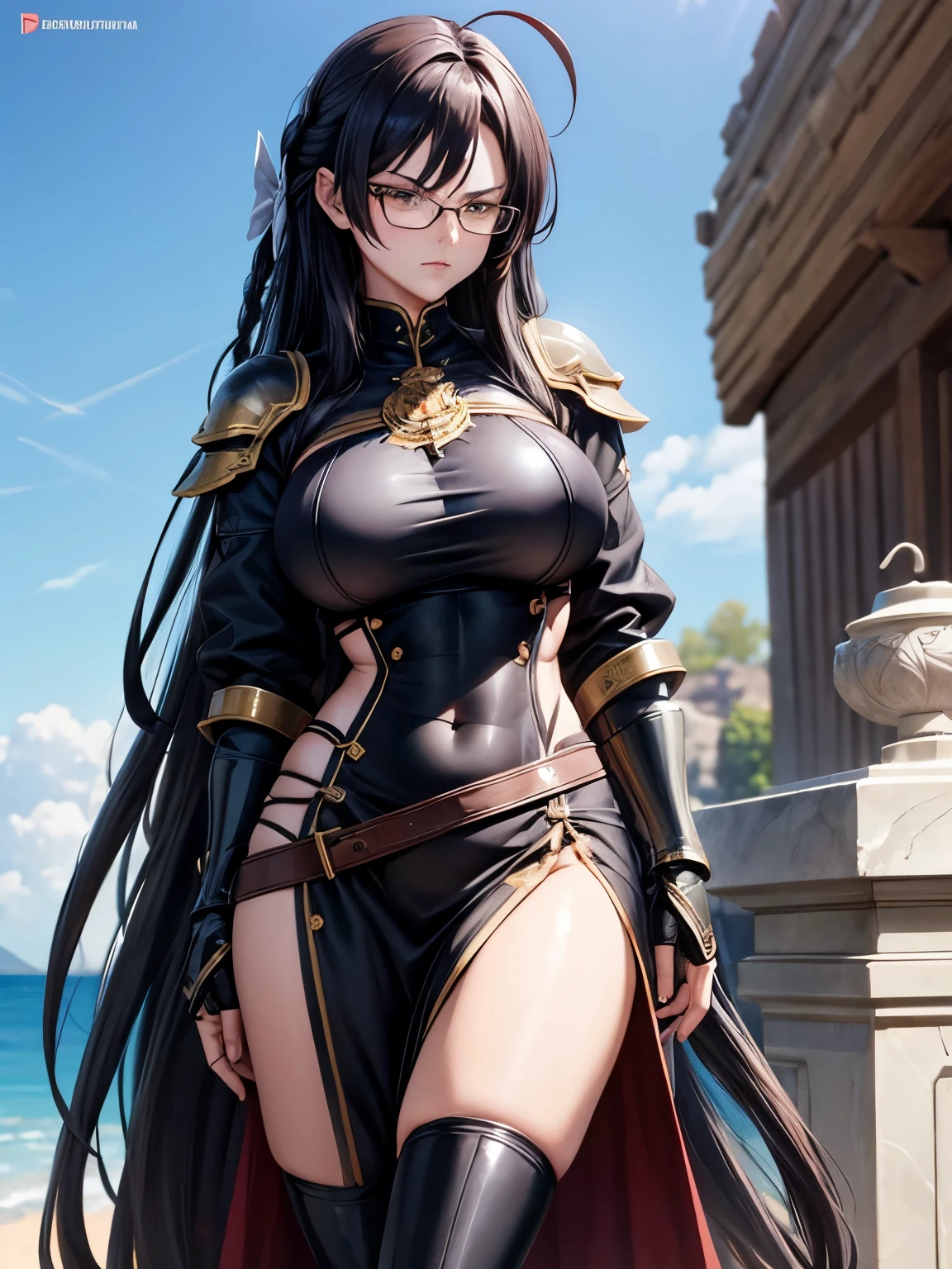 1 milf, long black hair, very big breasts, wearing glasses, wearing armor, six pack abs, angry, stand straight facing forward