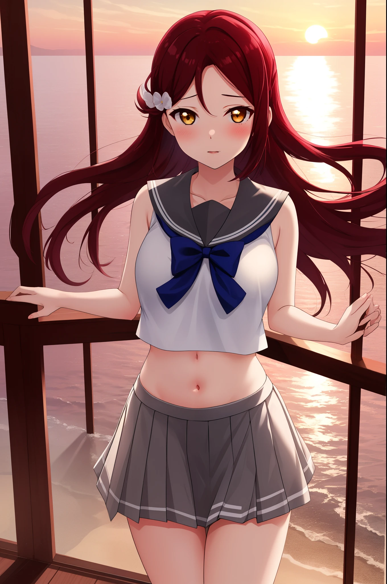 Masterpiece,best quality,Solo, cowboy shot,Sakurauchi riko, long hair, blush,love scene, skirt, sleeveless, pleated skirt, standing, serafuku, grey skirt, uranohoshi ,navel,thicc thighs ,sea in background, sunset time , floating skirt