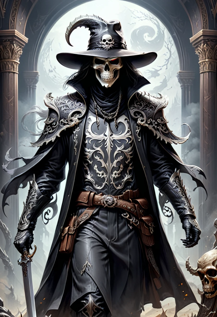 Black Grim Reaper, cowboy, gun, (masterpiece, best quality, Professional, perfect composition, very aesthetic, absurdres, ultra-detailed, intricate details:1.3)