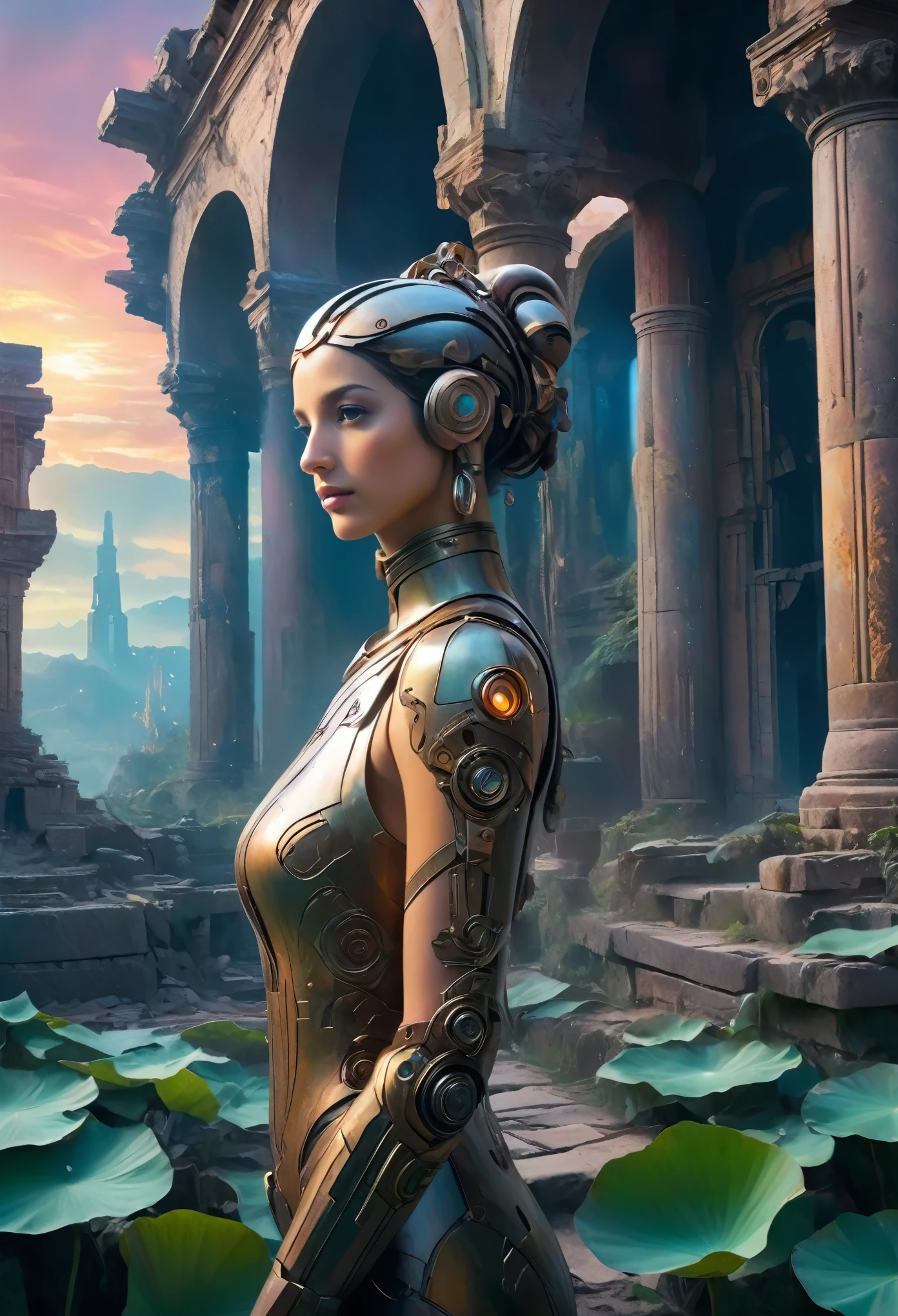 (best quality,4k,8k,highres,masterpiece:1.2),ultra-detailed,realistic:1.37,a beautiful Italian cyborg girl standing in the ruins of the Inca Empire, Insertion, metallic body, glowing cybernetics, graceful facial features, mysterious eyes, cybernetic enhancements, ethereal appearance, the ancient stone structures, stones and vines, delicate lotus blossoms, steampunk-inspired elements, ancient technology fused with futuristic enhancements, vibrant colors contrasting with the weathered ruins, fierce determination in her eyes, holding a holographic map to unlock the secrets of the lost civilization, artistic portrait with surreal elements, soft lighting creating a dreamlike atmosphere, colorful sunrise painting the sky with shades of orange and pink, scattered ancient artifacts hinting at a forgotten past, Naomi Scott, ocean view, 