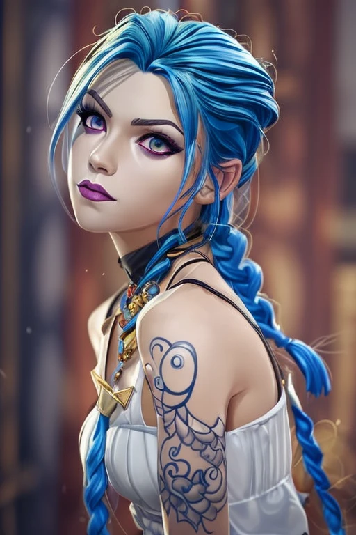 high quality, jinkesi_quan,jinkesi_lian,1 girl,with simple background,( Long side part bangs),blue hair, tattoos, (pink eyes), (double braids), ((long braids)) ((raised eyebrows)) looking at audience
(black frilly tie), white collared shirt, black suit. 
Necklace, Portrait, Shiny, (Original)
, (masterpiece), (illustration), (extremely fine and beautiful), perfect detail, realistic, (nice clear background: 1.25), (depth of field: 0.7), (beautiful face), casual, .