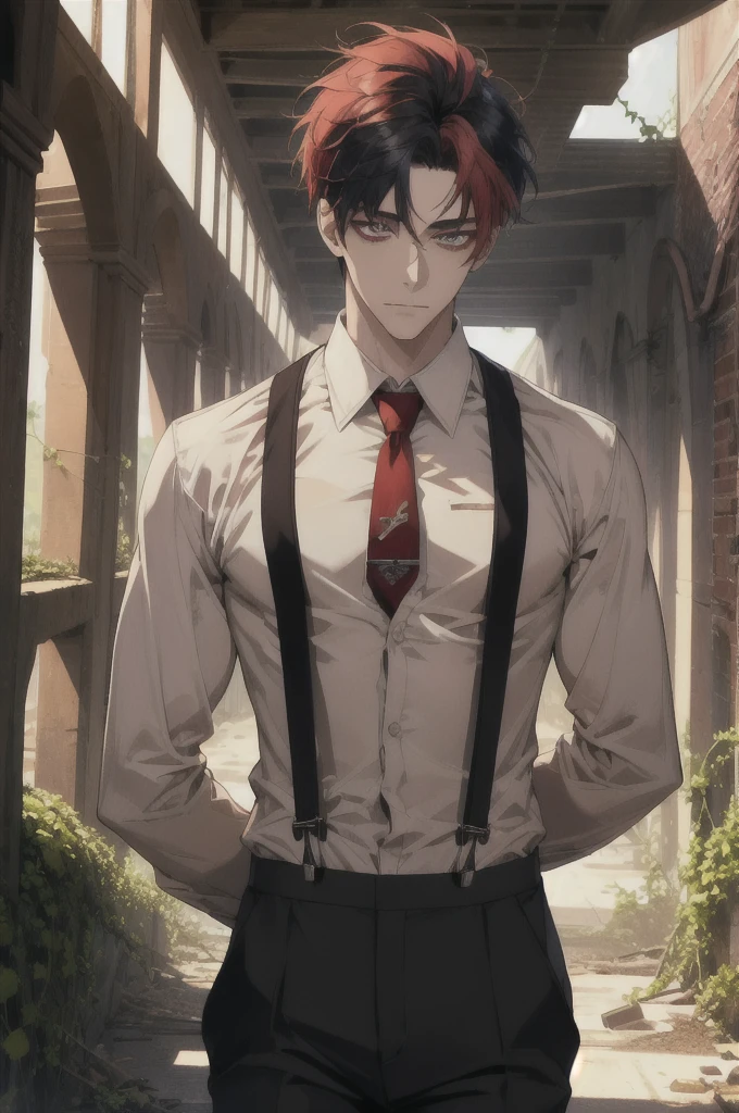 masterpiece, best quality, 1boy, solo, male focus, handsome, muscular, shirt, suspenders, pants, necktie, multicolored hair, black hair, red hair, short hair, closed mouth, abandoned architecture, ivy vines, highly detailed