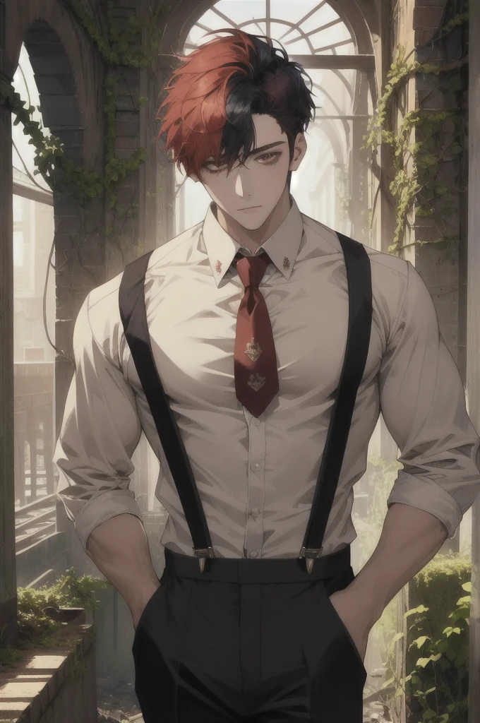 masterpiece, best quality, 1boy, solo, male focus, handsome, muscular, shirt, suspenders, pants, necktie, multicolored hair, black hair, red hair, short hair, closed mouth, abandoned architecture, ivy vines, highly detailed