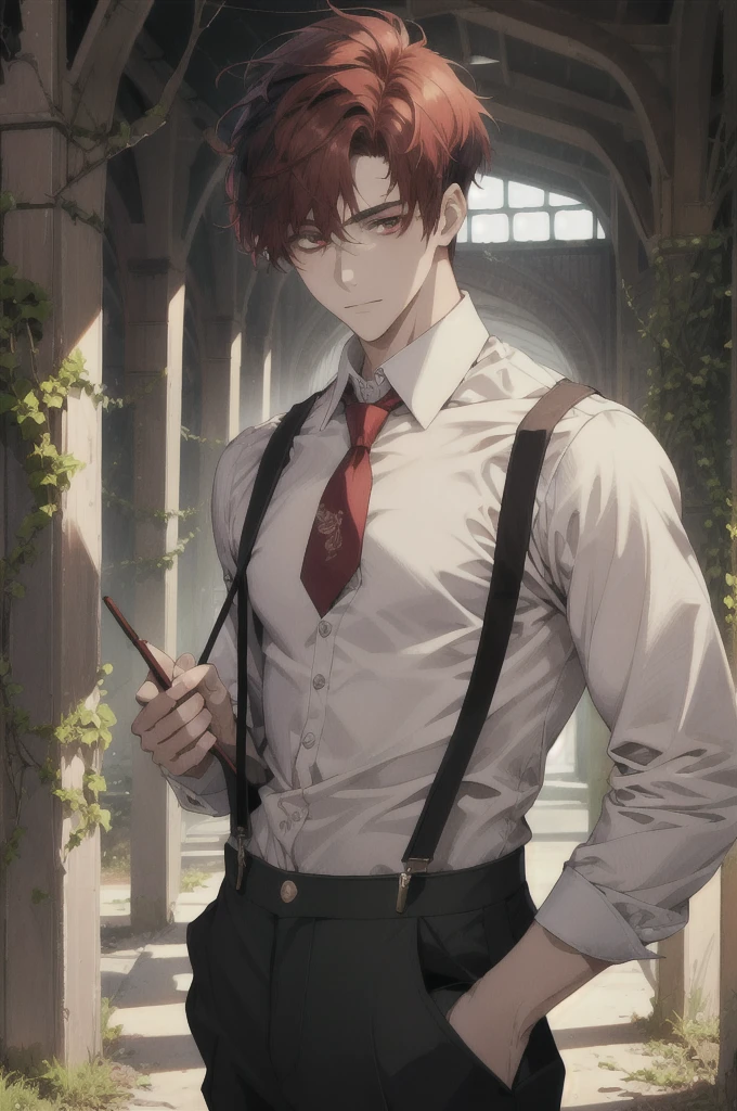 masterpiece, best quality, 1boy, solo, male focus, handsome, muscular, shirt, suspenders, pants, necktie, multicolored hair, black hair, red hair, short hair, closed mouth, abandoned architecture, ivy vines, highly detailed