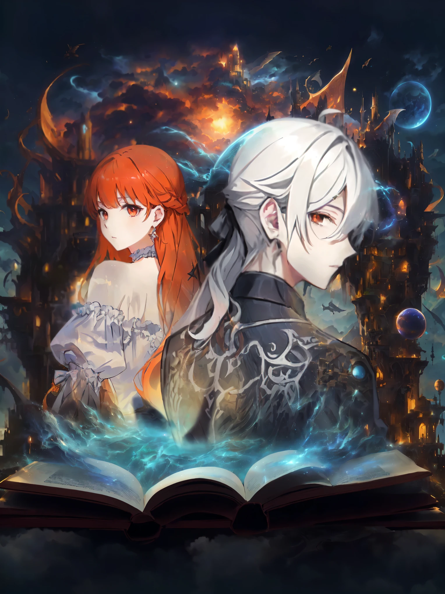 anime characters stand in front of a book with a glowing background, fantasy anime, anime fantasy illustration, artbook, key art, epic Light novel cover, Cover of an epic light novel, fantasy book illustration, fantasy anime, Cover of the novel Litrpg, Light novel cover, Illustration of a book in the fantasy role-playing game genre, shadow universe style, beautiful fantasy anime, Ethereal anime