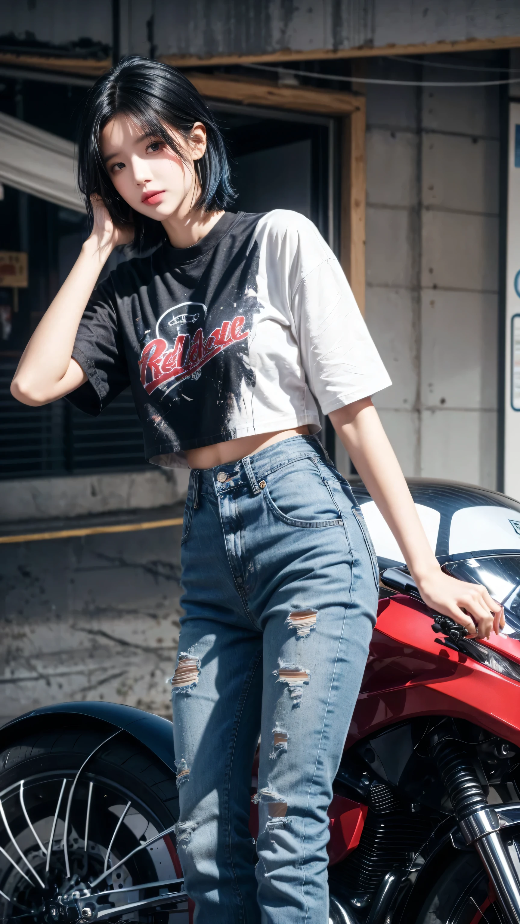 best quality, 1 Girl, dark blue hair, black eyes, Very short hair, Spiky hair, t-shirt, red down jacket jeans, High waist short jeans, 171 cm, Messy hair, Hair between the eyes, Medium breasts, full, Tomboy, aldult, 20 years old, 1 Girl standing near red down motorcycle
