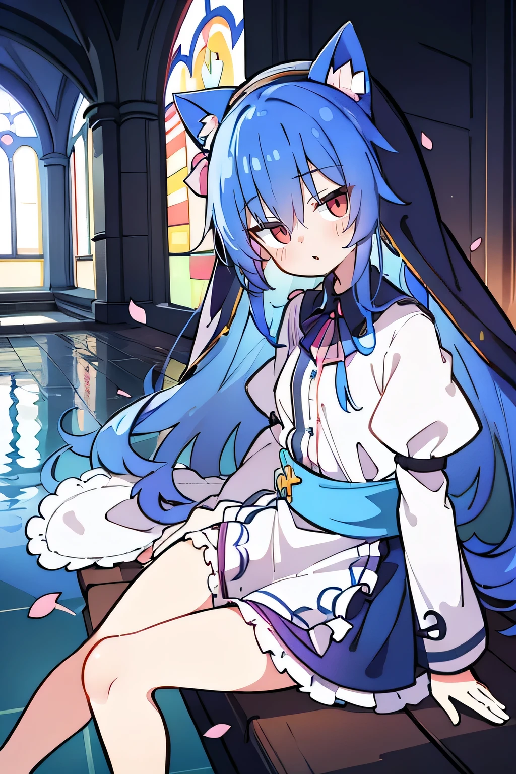 (masterpiece:1.2),Extremely detailed,Practical,expressive eyes,Fair skin,Perfect face shaping,1 Girl,
Japanese cartoons,Gorgeous blue hair, the long flowing blue hair,Floating clothes,Cat ears,Petals fall,beautiful lola,Young Angel,
Place your hands on your waist,sit elegantly on the ground,Cross your legs,Gentle and peaceful background,church,nun,little nose.