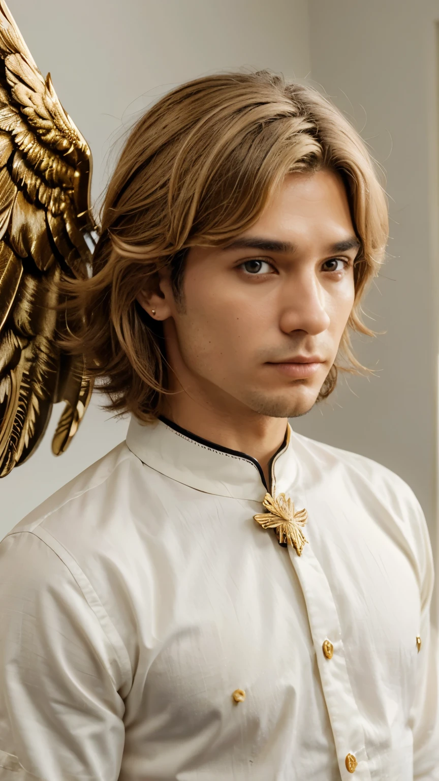 um homem belo com cabelo curto, encaracolado de cor castanho escuro e olhos azuis. Your wings are like griffin wings, They are cream colored, rendadas a ouro e com caimento.