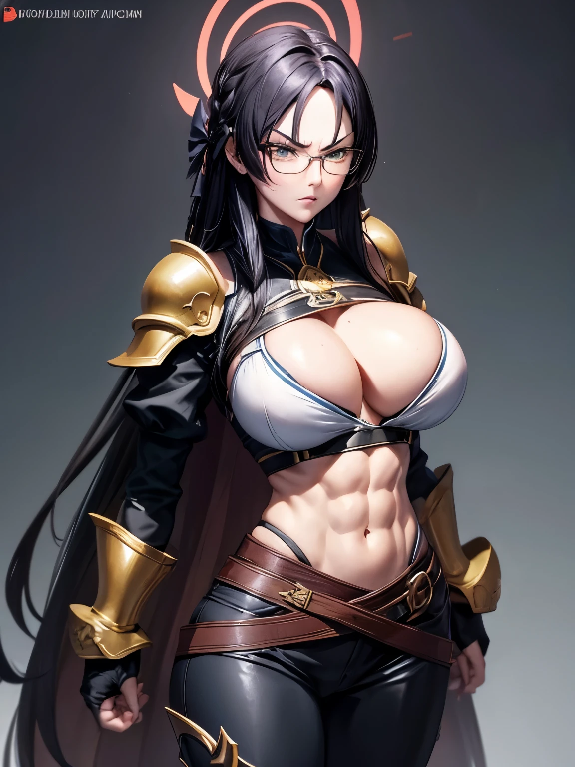 1 milf, long black hair, very big breasts, wearing glasses, wearing armor, six pack abs, angry, stand straight facing forward