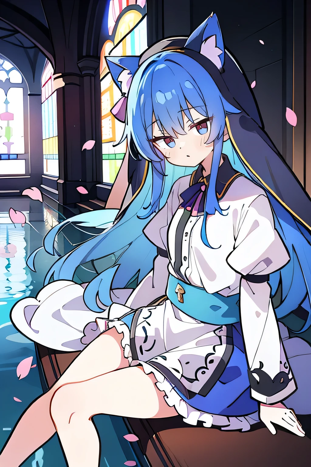(masterpiece:1.2),Extremely detailed,Practical,expressive eyes,Fair skin,Perfect face shaping,1 Girl,
Japanese cartoons,Gorgeous blue hair, the long flowing blue hair,Floating clothes,Cat ears,Petals fall,beautiful lola,Young Angel,
Place your hands on your waist,sit elegantly on the ground,Cross your legs,Gentle and peaceful background,church,nun,little nose. 
