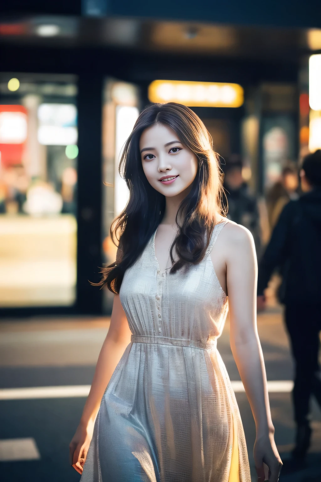 ((Tabletop:1.4, highest quality)), (Realistic photos:1.4),
((1 girl)), (Beautiful actress), (dream-like),
(超High resolution:1.2), Very delicate and beautiful, wonderful, Very detailed CG Unity 8k wallpaper, Very detailed, High resolution,
Soft Light, Beautiful detailed girl, Very detailedな目と顔, Beautiful and exquisite nose, Beautiful and exquisite,
(Long dress:1.3),
Cinema Lighting, Perfect Anatomy, Slender body,
(Walk through the scramble crossing in Shibuya:1.3), (A large number of passers-by), (Daytime:1.3),
Cowboy Shot, Looking at the camera, Old-fashioned smile