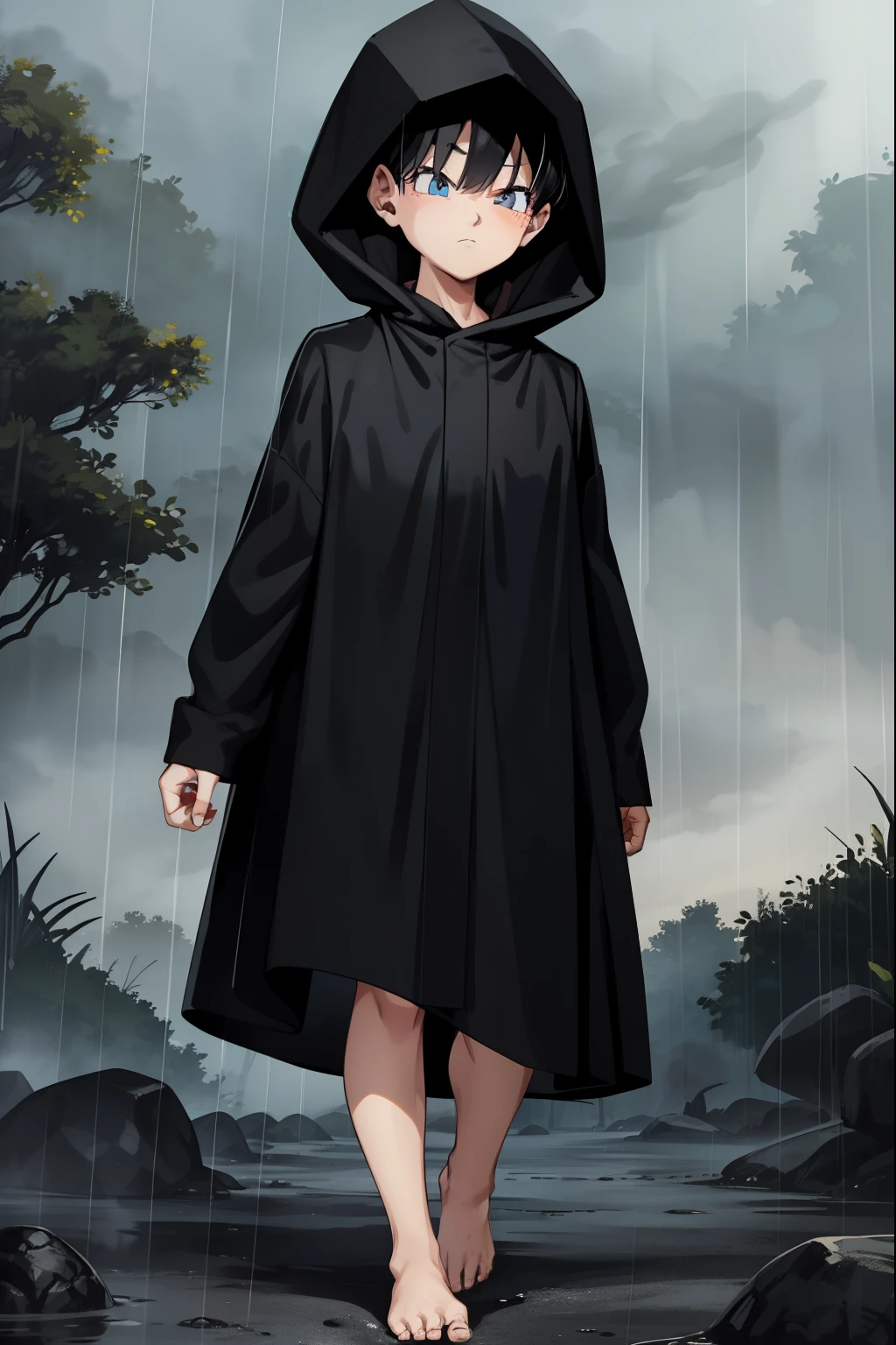 cloudy,rain,fog,forest,walk,1 girl,Videl,Wearing a black hood,black long raincoat,Black Hair,Shortcuts,barefoot,Close ~ eyes,boyish,Gloomy face,