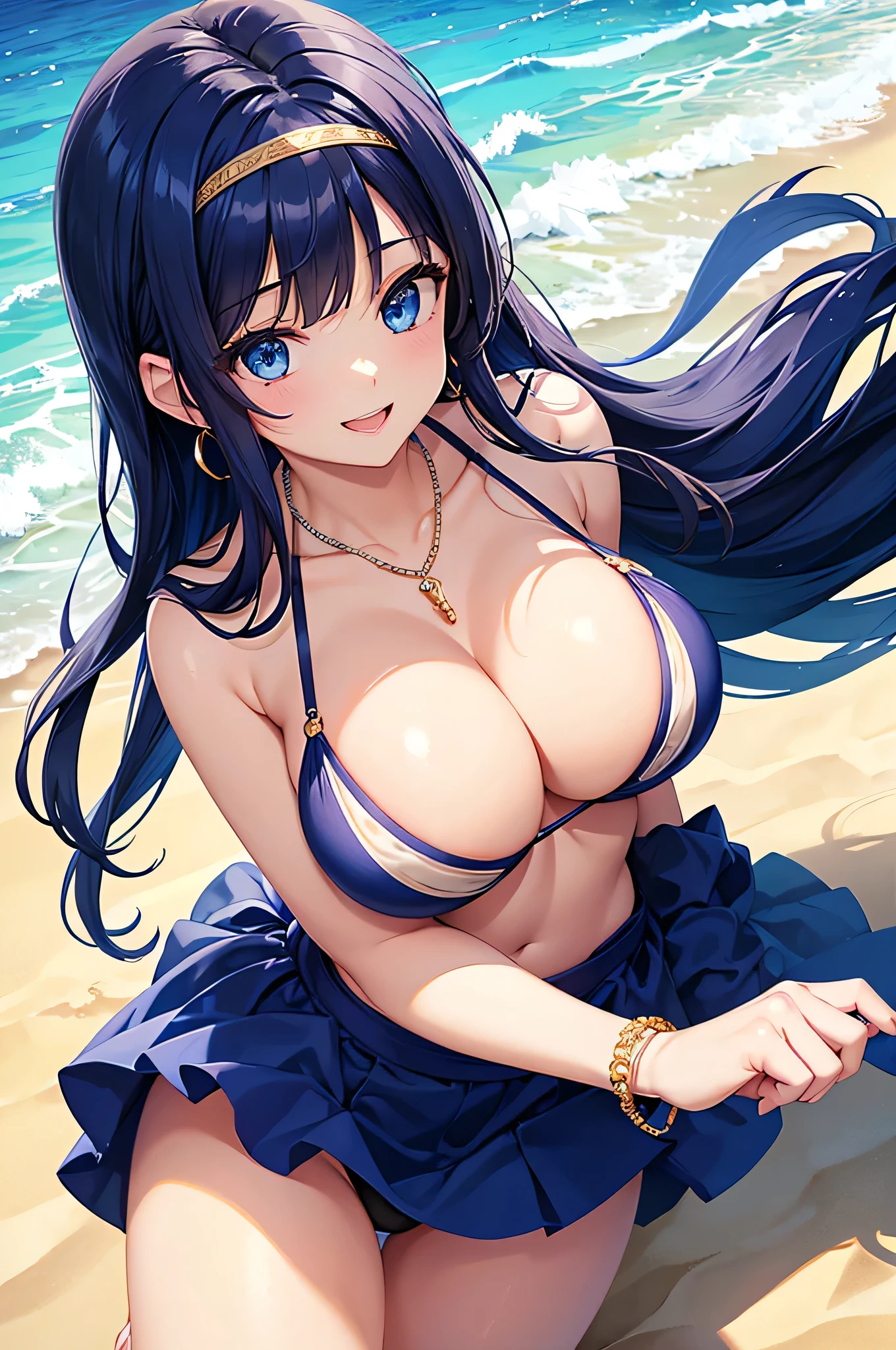 highest quality、highest quality、masterpiece、beautiful girl、Navy blue long hair、blue eyes、Navy Blue Bikini、Big cleavage、(Big Breasts),smile、blue necklace、Blue Earrings、background(Beach)、Dynamic pose、Please open your mouth wide、White headband、bracelet、angle(From above)