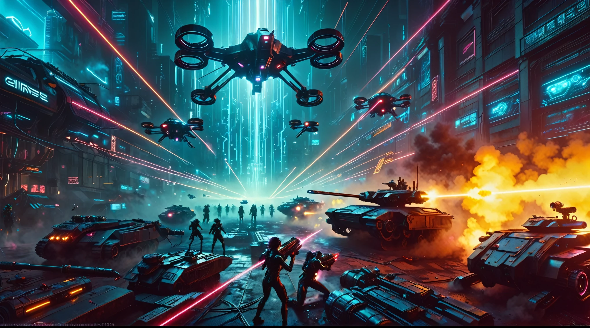 A stunning, high-quality image of a cyberpunk scene battle between humans and machines, laser bullets, futuristic tanks, futuristic drones, This captivating piece seamlessly blends photography, illustration, 3D rendering, and painting to create a cinematic experience that evokes both wonder and danger., dark fantasy, cinematic, poster, 3d render, illustration, painting, photo, vibrant