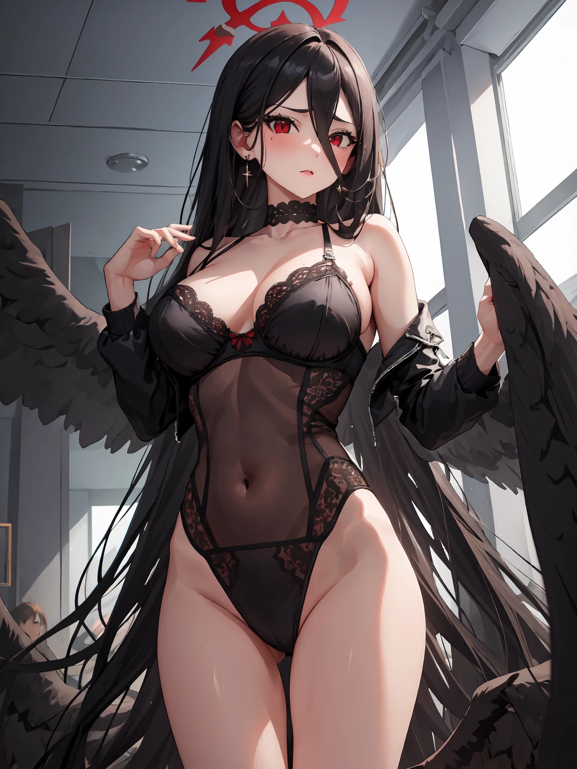 (SFW), (safe:1.10), masterpiece, best quality, highres, 1girl, solo, (hasumi_bluearchive:1.10), standing dynamic poses, cowboy shot, looking at the viewer, earrings, large breasts, ((black lingerie, see-through)), blush, indoors,