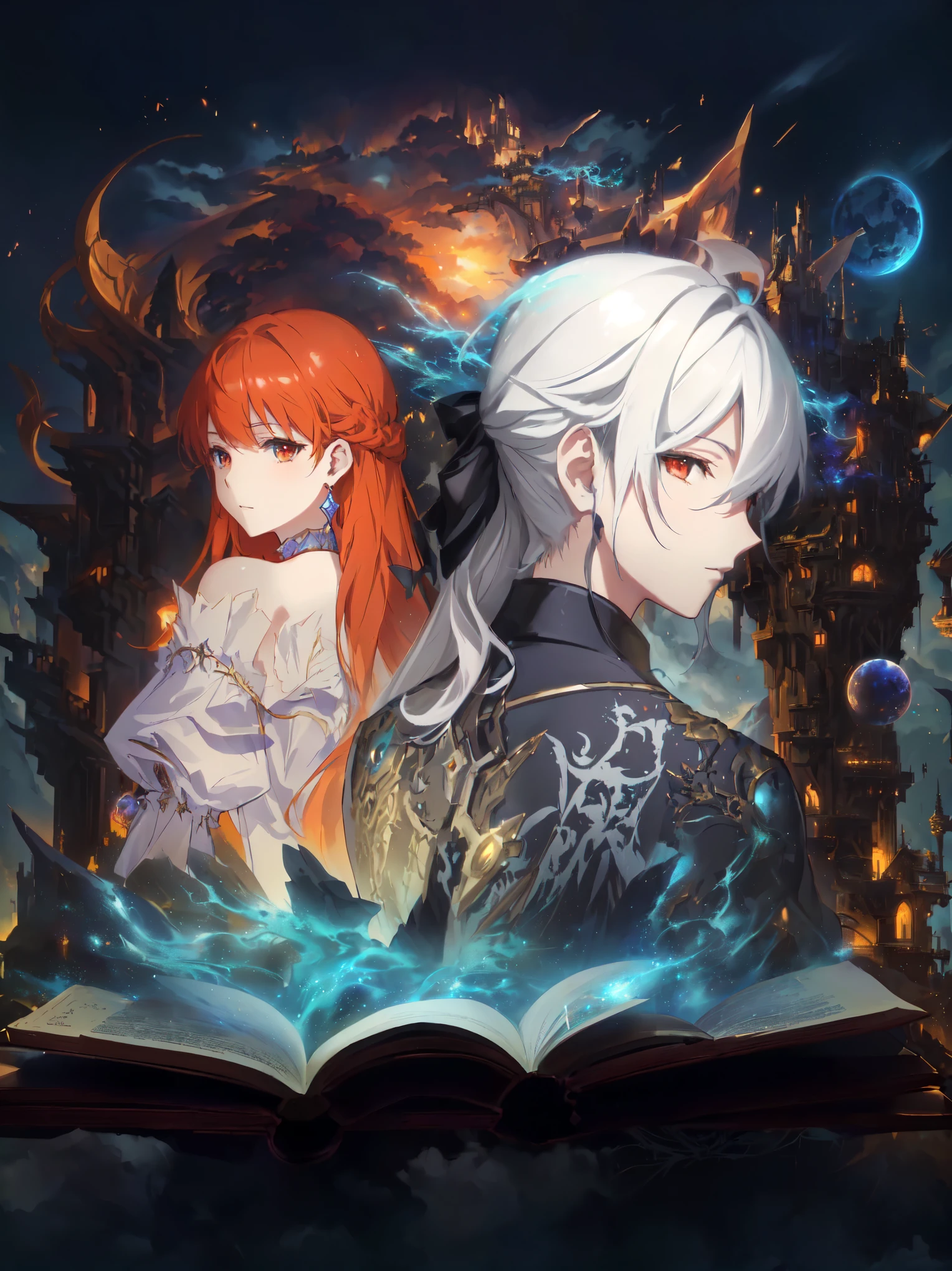 anime characters stand in front of a book with a glowing background, fantasy anime, anime fantasy illustration, artbook, key art, epic Light novel cover, Cover of an epic light novel, fantasy book illustration, fantasy anime, Cover of the novel Litrpg, Light novel cover, Illustration of a book in the fantasy role-playing game genre, shadow universe style, beautiful fantasy anime, Ethereal anime