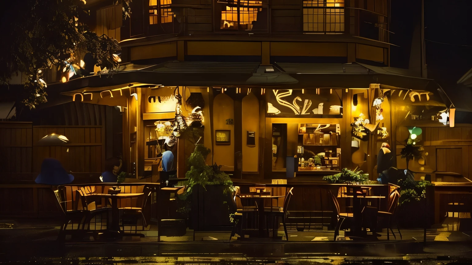 Night view of a restaurant with illuminated awnings and tables, A cozy dimly lit pub, A cozy dimly lit pub, Izakaya Nightlife, Cozy cafe background, Dim Tavern, Rainy night, Random background scenes, Rain outside the café, restaurant exterior photography, In the evening rain, A multifaceted cozy izakaya