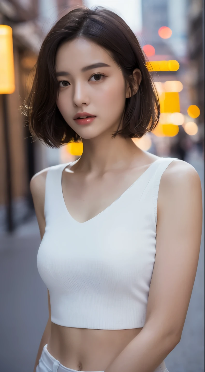 ((Realistic lighting, best quality, 8K, masterpiece: 1.3)), Be focused: 1.2, 1 Girl, Perfect body: 1.4, Slim abs: 1.1, ((Dark brown hair)), (White short top: 1.4), (outdoor, night: 1.1), City Streets, Very delicate face, beautiful eyes, Double eyelids,